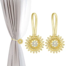 2 Pack Sparkling Rhinestone Flower Magnetic Curtain Tie Backs Gold Colorful