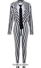 Pant suit Women's Black White Vertical Striped Blazer, Pants And Tie Medium