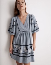 Madewell Embroidered Foldover V-Neck Mini Dress Terrace Blue Cotton Puff Sleeve