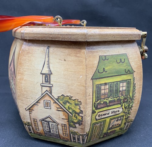 Vintage gefütterte Achteck Decoupage Holz Box Handtasche Lucite gedrehter Griff - Bild 3 von 12