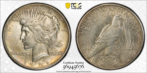 1921-P Peace Silver Dollar $1 PCGS ALMOST UNCIRCULATED AU 58 Type 1, High Relief