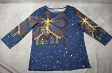 Collections Etc Women's Peaceful Nativity Scene Long Sleeve Top Navy Large