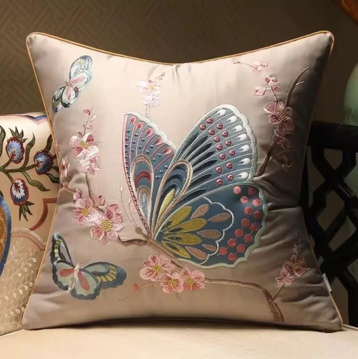 Almohada Mariposa, Almohada Cojín Floral Bordada Mariposa (Gris, 17.7 "x17.7") Foto 2 de 4