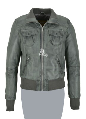 ATLANTIC Damen Echtleder Bomberjacke Grau Kurz Slim Fit Freizeit Blouson