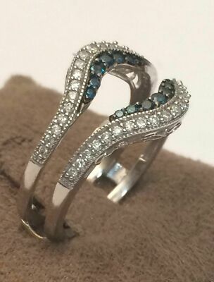 1.05CT White & Blue Round CZ Solitaire Enhancer Guard Wrap Ring Solid 925 Silver