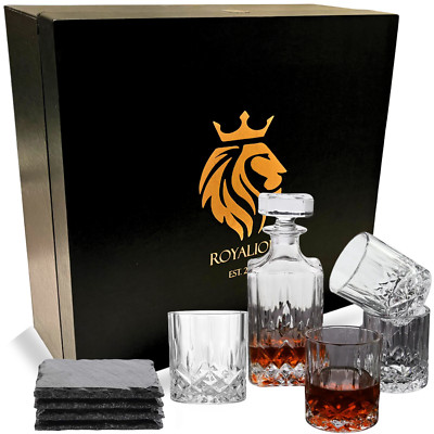 1 Whiskey Decanter With/4Glasses /4xslate coasters-1 Luxury Gift Box By ROYALION