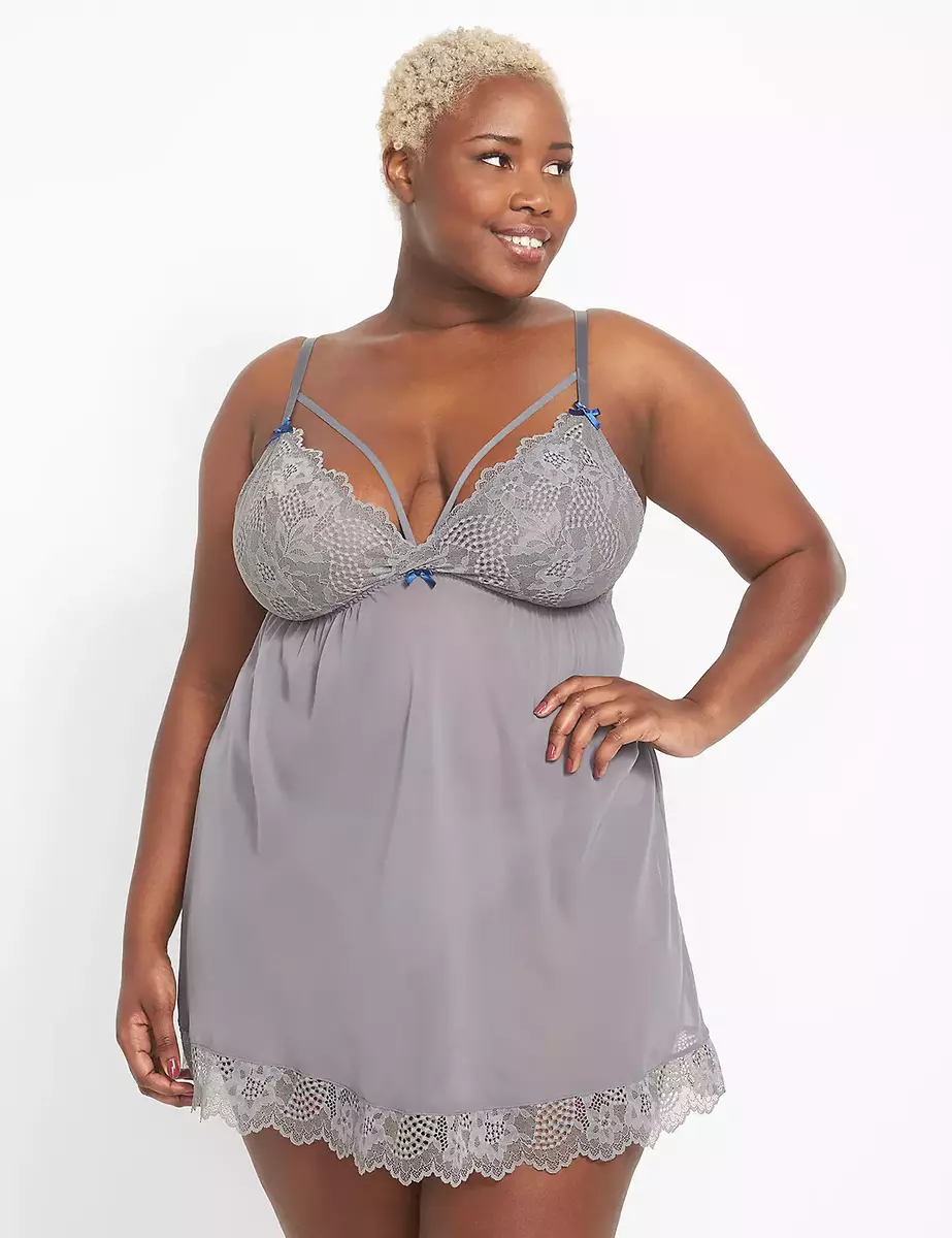 Lane Bryant 2 Piece Cacique Gray Lace Babydoll Lingerie & Panty