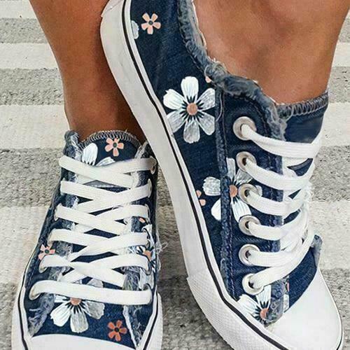 Womens Casual Denim Canvas Board Embroidery Flower Laceup Sneakers