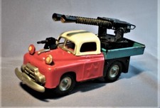 Vintage Tin Friction Truck with Large Cannon Mounted on Back, Small Gun on Hood