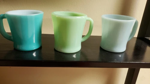 3 FIRE KING ANCHOR HOCKING JADEITE, TEAL, & TURQUOISE D HANDLE MUGS RARE