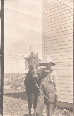 Vintage RPPC Postcard Cute Boy Overalls Hat Halter Baby Colt Filly