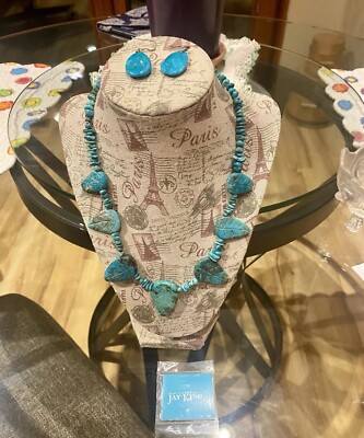 Jay King Vtg Blue Turquoise Carved Leaf Beaded Sterling 925 Necklace / EARRINGS