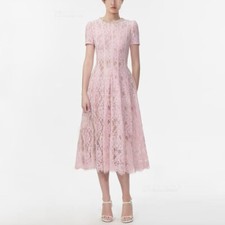 French Summer New Women's Round Neck Nail Bead Short Sleeve Pink Slim Lace Dress