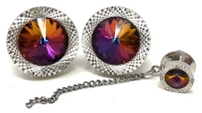 Vintage Mid Century Soluda Silver Tone Prism Rhinestone Cufflinks Tie Tack Set