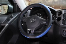 DIY Style PVC 2 Tone Steering Wheel Skin Wrap Cover Black + Blue Perfect Fit