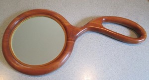 Vintage 1980s Handcrafted Hardwood Hand Mirror with Curved Handle