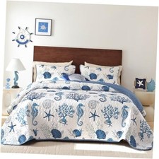 Coastal Size Quilt Set 3 Pcs, Summer Blue Beach Theme Quilts with King Blue2