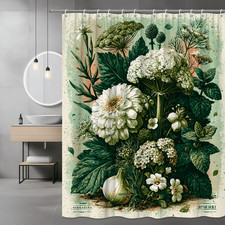 Floral Botanical Shower Curtain Green White Vintage Style
