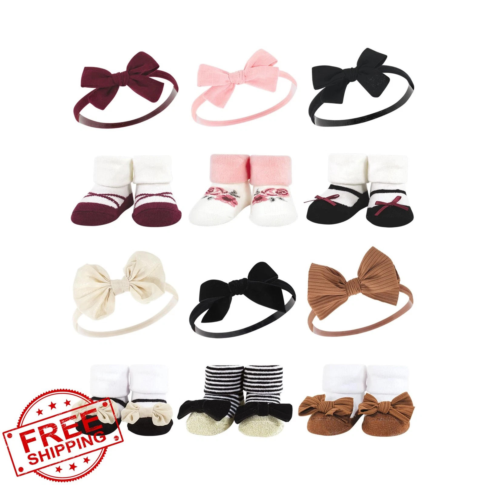 Hudson Baby Headband Socks Burgundy Black Neutrals One Size