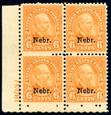 US 675 6c Nebr. Overprint 1929 James A. Garfield NH plate block of 4