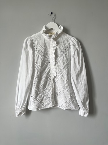 Sezane Womens White Cotton Embroidered Long Sleeve Luxury Ruffle Shirt Size 38