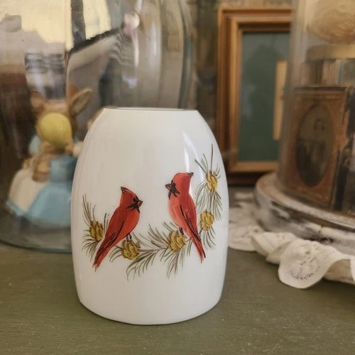 Vintage Fenton Signed Milk Glass Fairy Lamp Shade Hand Painted Cardinals