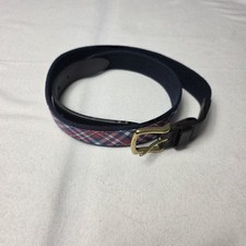 Vineyard Vines Men  s Belt Canvas Leather Club 36 Navy Red Plaid Brass Buckle
