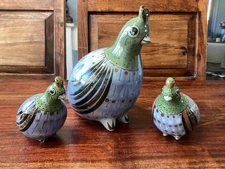 Vintage Signed El Palomar Ken Edwards Set Of 3 Blue Quail Mexican Pottery Tonala