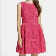 Cynthia Steffe Fuchsia Pink Ribbon Overlay Fit & Flare Dress Size 12 Sleeveless