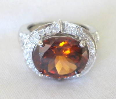 14k White Gold Intense Orange 5ct Zircon 0.62c Diamond Halo Ring - 6.4 gms, Sz 4