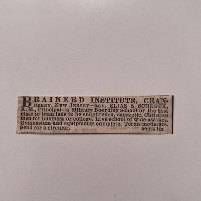 Brainerd Institute Elias S Schenck Cranberry NJ 1869 NY Clipping SAJ7-S102