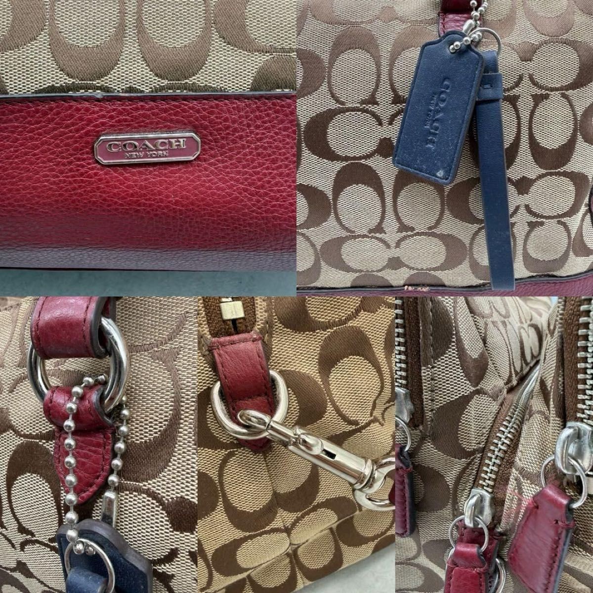 COACH Signature 2Way Tote Shoulder Bag Burgundy Canvas Leather thumbnail 10