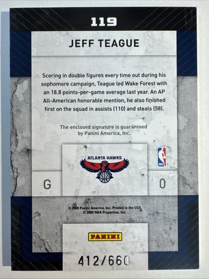 2009-10 Panini Threads Jeff Teague Rookie Class Letter Patch Auto #/660 #119 G - Image 2 of 2