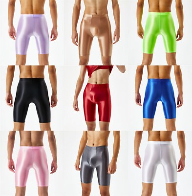 Men's Oil Shiny Compression Base Layer Pants Gym Shorts Training Workout Tights