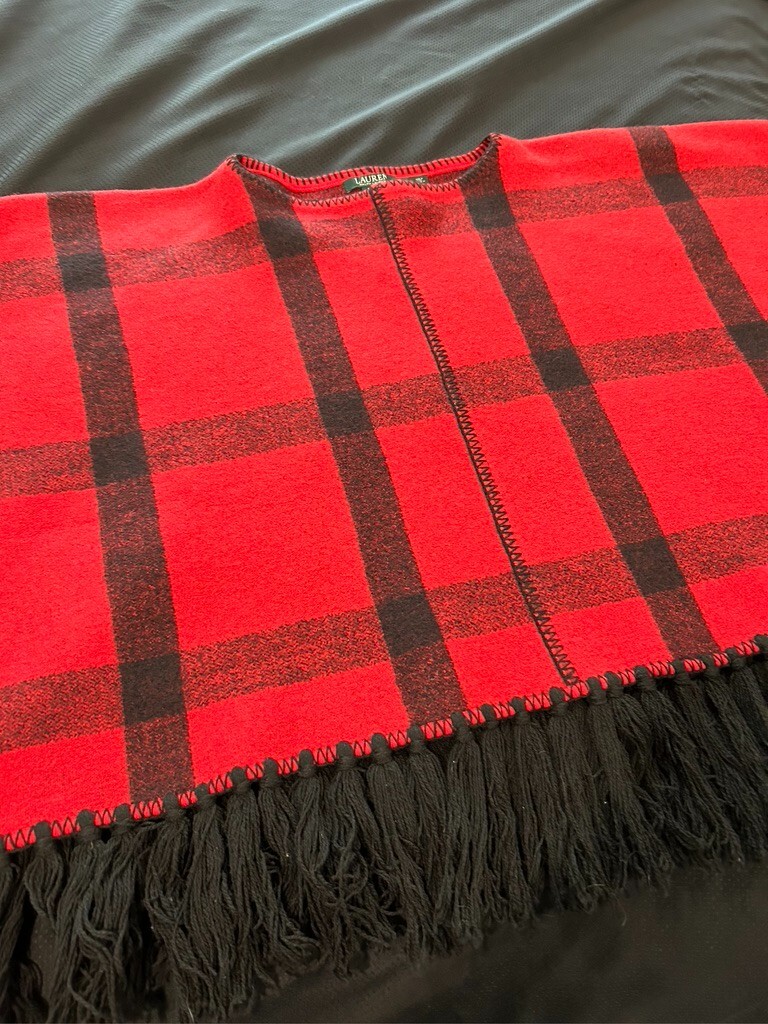 [POLO RALPH LAUREN] タートルネックワンピース レッドカラー LRL Ralph Lauren $325 Red Buffalo Plaid Wool Cape Fringed