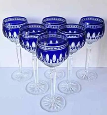 SIX AJKA CRYSTAL CLARENDON COBALT BLUE WINE HOCK GOBLET GLASSES, MARKED