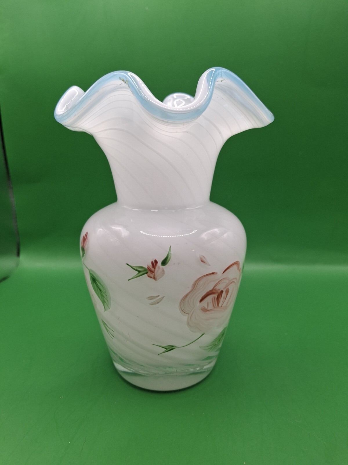 Vtg Fenton White Opalescent Swirl Vase Blue Crest Ruffled Rim Hand ...