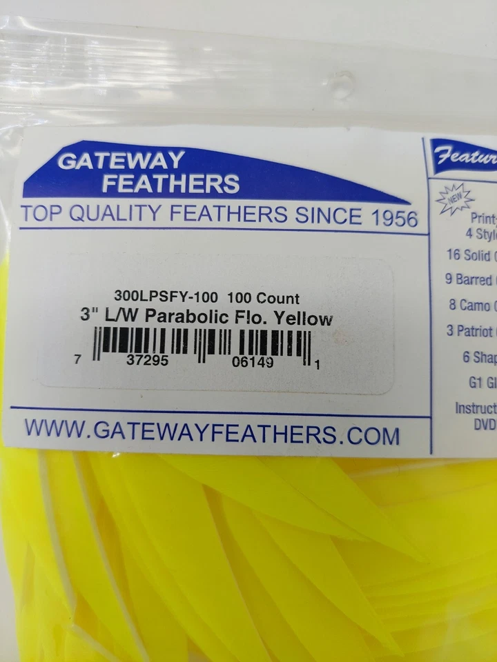 100 Pack Gateway Feathers 3" Left Wing: Parabolic Flo Yellow 300LPSFY-100 - Image 2 of 3