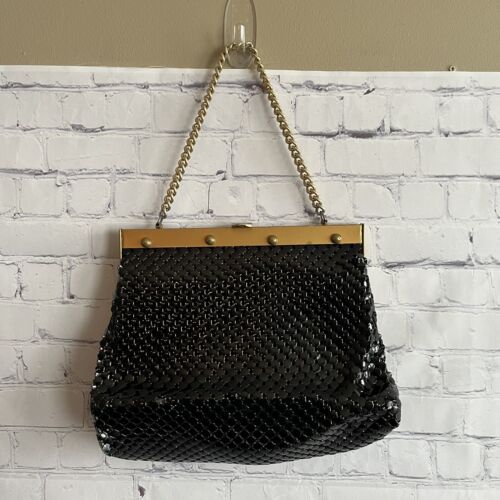 Whiting and Davis Black Mesh Evening Bag Asymmetrical Purse  Gold Chain - Picture 1 of 7