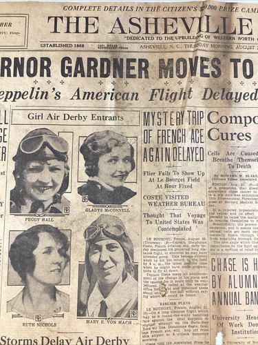 Ashville NC Newspaper August 22, 1929 Women Air Racers! Girl Derby El Paso TX