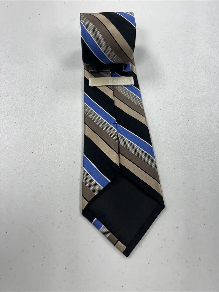 Corbata de cuello Michael Kors para hombre negra marrón y azul a rayas de seda $89 Foto 2 de 4