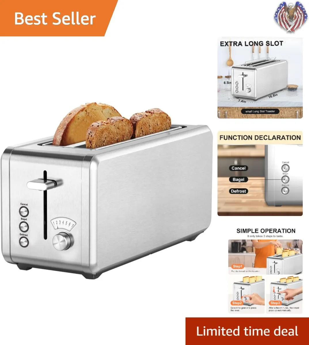 Long Slot Toaster 4 Slice - 7 Toast Settings - Bagel/Defrost - Warming Rack