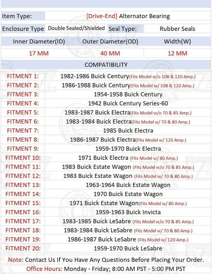 [Drive-End (1 pieza)] Cojinete del alternador [17 mm de diámetro] para Buick Century Series-60 1942 Foto 2 de 4