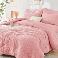 Queen Comforter Set Seersucker 7 Pieces, All Season Queen 88"x 88" Pink