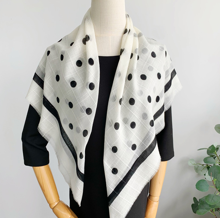 95x95cm Pure Cashmere Scarf for Women - Soft Black Dot Print Neckerchief Wrap
