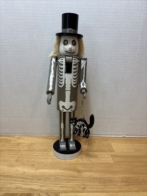 Skeleton Nutcracker With Skeleton Cat And Top Hat Halloween Christmas Whimsical 