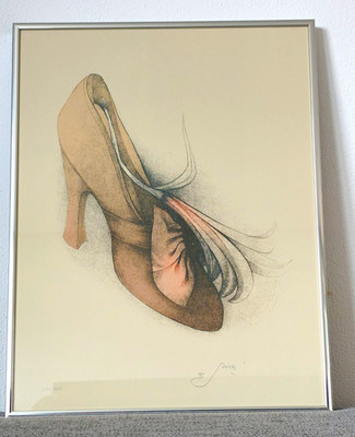 Bruno Bruni Lithographie original signiert, Limitiert Damenschuh Orchidee