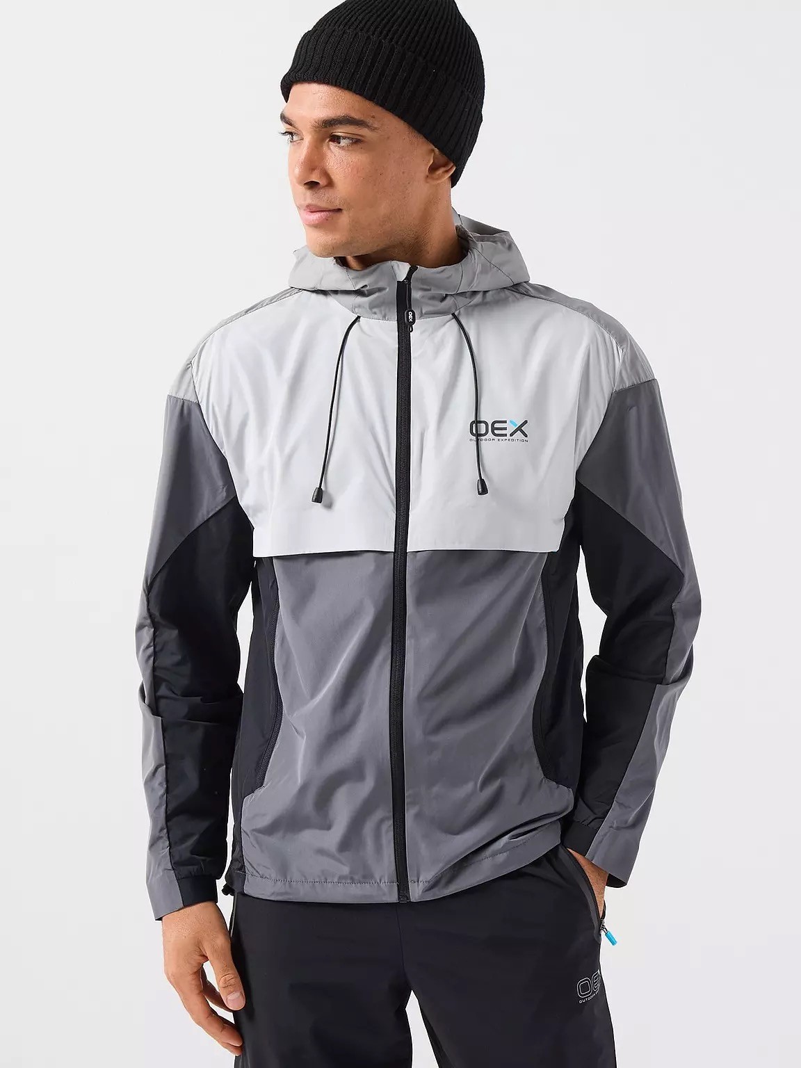 OEX Mens Jacket Winbreaker Medium Charcoal Grey Hooded Lightweight