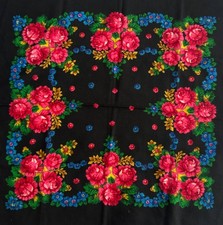 Vintage Black Floral Scarf   Retro Headscarf   Elegant Botanical Print   1970s S