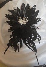 Vintage Black Feather Hair Clip / Pin   Floral Design with White Beaded Center